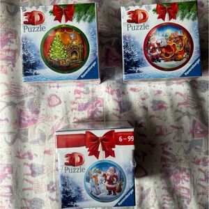 (3) 3D Puzzle Balls Santa's Snowman, Santa’s Sleigh & Christmas Tree Ornaments